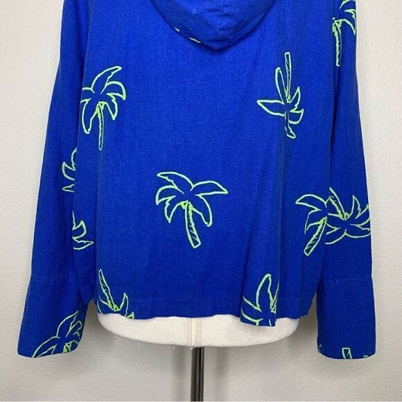 Erin London Linen Blend Vintage Blue Palm Trees Zip Up Hoodie Jacket - Picture 9 of 13